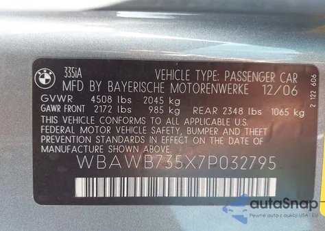 2007 BMW 335I from USA, damaged, VIN WBAWB735X7P032795